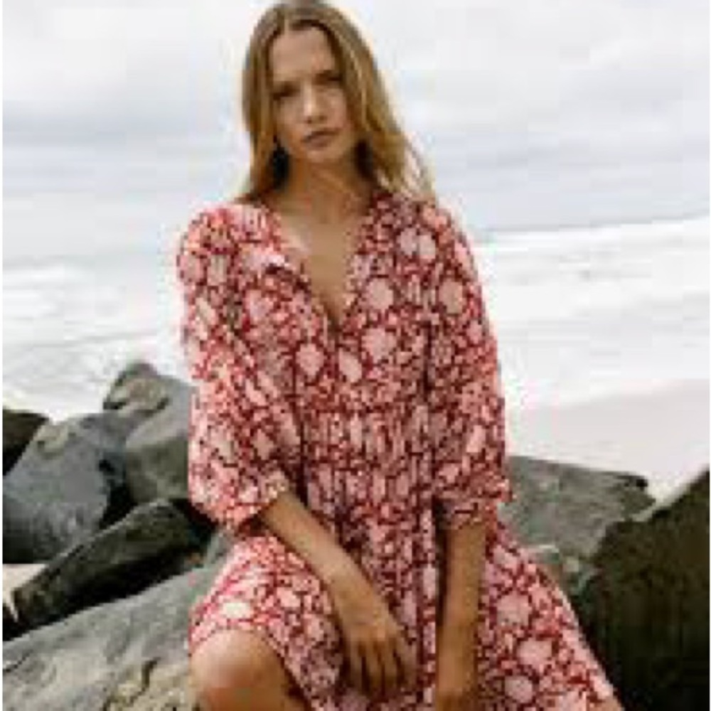 Floral Boho Dress Midi Mini Saffron Rust Red Orange Ivory Beige Cream Size Large